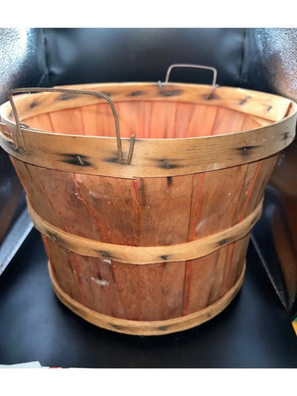 Vintage Wooden Bushel Basket Metal Handles Primitive Slat construction Country